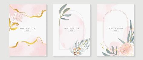 Luxus Hochzeit Einladung Karte Hintergrund Vektor. elegant Aquarell Textur im Rosa Blume, Gold Linie, Gold Grenze. Frühling Blumen- Design Illustration zum Hochzeit und Startseite Vorlage, Banner, einladen. vektor