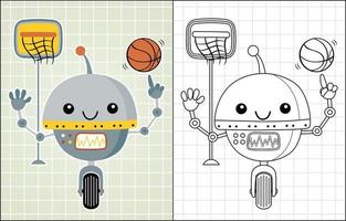 färg bok av trevlig robot tecknad serie spelar basketboll vektor