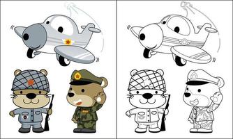 färg bok eller sida av rolig djur tecknad serie i soldat enhetlig med rolig flygplan vektor