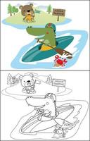 Vektor Karikatur von komisch Krokodil auf Kanu im Fluss, Krabbe auf Stein, Bär Sitzung auf Flussufer, Färbung Buch oder Seite