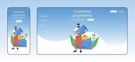 bargeldlose Zahlungen adaptive Landingpage flache Farbvektor Vorlage. Banking Service Mobile und PC Homepage Layout. fintech einseitige website ui. Plattformübergreifende Gestaltung von Webseiten für Kreditkartentransaktionen vektor
