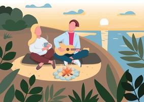 flache Farbvektorillustration des Strandpicknicks. Mann spielt Gitarre. Freund und Freundin Camping. Paar am romantischen Sommerdatum 2d Zeichentrickfiguren mit Meer und Sonnenuntergang auf Hintergrund