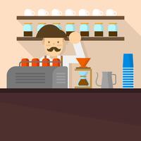 Flacher Barista in der Kaffeestube Hintergrund-Vektor-Illustration vektor