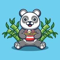 süß Panda Charakter halten Ramen Nudeln mit Bambus im das Hintergrund. Vektor Illustration von Karikatur Tier.