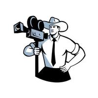 retrostilillustration av en cowboykameraman som rymmer en filmfilm för tappningfilm vektor