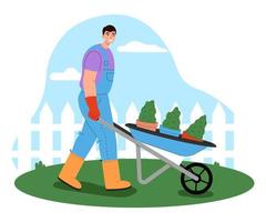 männlich Gärtner Arbeiten im das Hof. Heimwerker Charakter rollen ein Schubkarre. Garten Instandhaltung Konzept. eben Vektor Illustration.