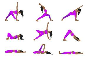 flexibilitet yoga poser samling. afrikansk amerikan långt hår kvinna, lady, kvinna, flicka. pilates, mental hälsa, Träning, Gym. vektor illustration i tecknad serie platt stil isolerat på vit bakgrund.