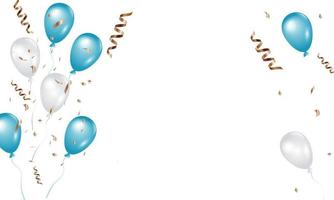 Grattis bakgrund med guld konfetti serpentin och blå ballonger för kön fest. dess en pojke.. vektor illustration