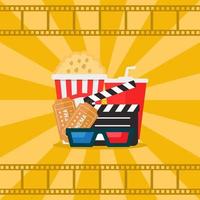 Kino, Popcorn, Limonade Getränke, Kino 3d Gläser, Klappe, eben Design Vektor Illustration