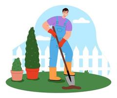 männlich Gärtner Arbeiten im das Hof. Heimwerker Charakter graben ein Loch. Garten Instandhaltung Konzept. eben Vektor Illustration.