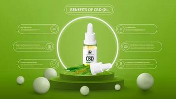 Vorteile der Verwendung von CBD-Öl. grünes Informationsplakat für medizinische Zwecke für CBD-Öl mit einer transparenten Glasflasche mit medizinischem CBD-Öl auf dem Podium mit neonweißem Ring und Infografik vektor