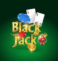 blackjack-logotyp på en grön bakgrund med kort, marker och pengar. kortspel. kasinospel. vektor illustration