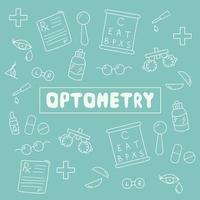 uppsättning utrustning för optometri. klotter baner med syn undersökning verktyg. vektor illustration