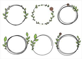 hand dragen cirkel ram dekoration element med löv och blommor klämma konst vektor
