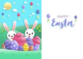 glad påskdag i papperskonststil med kanin och påskägg. gratulationskort, affischer och tapeter. vektor illustration.