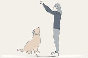 Färg illustration av en kvinna spelar med henne hund vektor