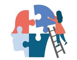 psykoterapeut kvinna ansluter kontursåg bitar av en huvud tillsammans. illustration till Stöd och hjälpa människor med mental sjukdom. begrepp av brainstorming, kreativitet och psykologi terapi. vektor