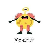 söt tecknad serie monster i platt stil med hårig ben. Häftigt fluffig gul utomjording. snäll monster med en leende. illustration med de inskrift monster. platt mutant. skriva ut för textilier vektor