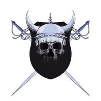 T-Shirt Design von ein Schild mit Schwerter und ein Wikinger Schädel. Vektor Illustration zum Ritterlichkeit und Abenteuer Themen.