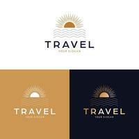 Reise Logo Design. Sonnenuntergang und Meer abstrakt Vektor Logotyp. tropisch Ferien Bohemien Logo Vorlage.