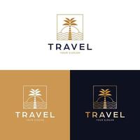 resa logotyp design. handflatan och solnedgång vektor logotyp. tropisk semester logotyp mall.