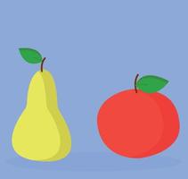 reife saftige Cartoonfrüchte aus dem Garten. roter Apfel und gelbe Birne mit Blatt. Erntezeit, Sommer, Herbst. flache Vektorillustration vektor