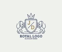 Anfangsbuchstabe jd lion royal Luxus-Logo-Vorlage in Vektorgrafiken für Restaurant, Lizenzgebühren, Boutique, Café, Hotel, heraldisch, Schmuck, Mode und andere Vektorillustrationen. vektor