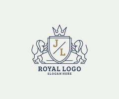 Anfangs-JL-Buchstabe Lion Royal Luxury Logo-Vorlage in Vektorgrafiken für Restaurant, Lizenzgebühren, Boutique, Café, Hotel, Heraldik, Schmuck, Mode und andere Vektorillustrationen. vektor