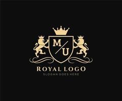 Initiale mu Brief Löwe königlich Luxus heraldisch, Wappen Logo Vorlage im Vektor Kunst zum Restaurant, Königtum, Boutique, Cafe, Hotel, heraldisch, Schmuck, Mode und andere Vektor Illustration.