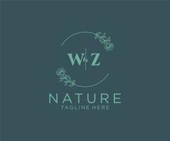 första wz brev botanisk feminin logotyp mall blommig, redigerbar förhandsgjord monoline logotyp lämplig, lyx feminin bröllop varumärke, företags. vektor