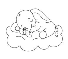 süß träumend Baby Elefant auf Wolke. Karikatur Hand gezeichnet Vektor Gliederung Illustration zum Färbung Buch. Linie Baby Tier isoliert auf Weiß