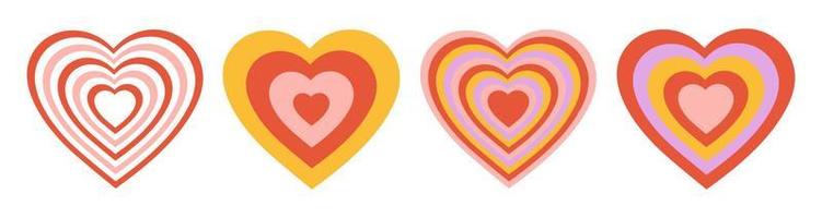vektor uppsättning tunnel romantisk hjärtan. retro färgrik bakgrund i stil 70-talet, 80-tal. koncentrisk hjärtan isolerat ikoner.