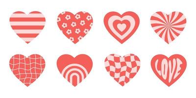 vektor uppsättning romantisk ikoner hjärtan i rosa och röd färger. retro bakgrund i häftig stil 70-talet, 80-tal. koncentrisk hjärtan eller klistermärken isolerat på en vit bakgrund