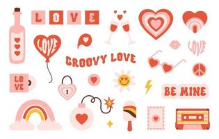 retro groovy valentinstag aufkleber im stil der 60er, 70er jahre. trendige Vintage-Symbole isoliert auf weißem Hintergrund. Vektor-Illustration vektor