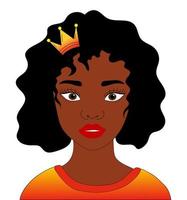 schwarz Frau mit Krone auf ihr Kopf. Vektor Illustration von ein schwarz Mädchen Königin mit lockig Haar. Poster, Postkarte mit jung Frau.