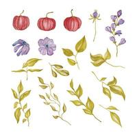 röd pumpa, blommor och löv, hand dragen vattenfärg vektor illustration för hälsning kort eller inbjudan design