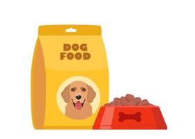 Hund Essen, Tasche Paket und voll trocken Essen Schüssel. Haustier Mahlzeit. Vektor Illustration.