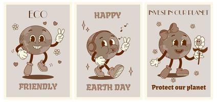 Lycklig häftig planet tecken i gammal klassisk tecknad serie stil av 1960 1970-talet. uppsättning svartvit posters eller kort för jord dag. begrepp skydda planet. platt vektor illustration. svartvit palett