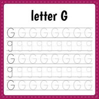 skrivning brev. spårande sida. öva ark. kalkylblad för ungar. lära sig alfabet. brev g vektor