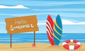 Hallo Sommer- Banner. Meer oder Ozean Landschaft mit zwei Surfbrett und Rettungsring. Vektor Illustration.