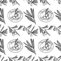 sömlös mönster med oliv grenar, oliver, en tallrik av oliver dragen i vektor på en vit bakgrund. lämplig för meny design, kök dekoration, scrapbooking.