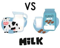 Gemüse Milch vs. Kuh s Milch Was ist Mehr nützlich Soja, Reis, Hafer, Kokosnuss, Mandel, Cashew, Haselnuss. natürlich, Gemüse, ökologisch Produkt. Laktose frei. Vektor Illustration auf schwarz Hintergrund