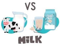 Gemüse Milch vs. Kuh s Milch Was ist Mehr nützlich Soja, Reis, Hafer, Kokosnuss, Mandel, Cashew, Haselnuss. natürlich, Gemüse, ökologisch Produkt. Laktose frei. Vektor Illustration auf schwarz Hintergrund.