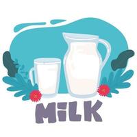 Milch im ein Glas Vektor Illustration. Milch gegossen in Glas auf ein Blau Hintergrund