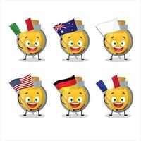 golden Trank Karikatur Charakter bringen das Flaggen von verschiedene Länder vektor