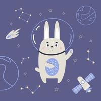 söt astronaut kanin i Plats på blå bakgrund med rymdskepp, stjärnor, planeter och meteorit. vektor illustration för bebis samling, design, dekor, kort och skriva ut.