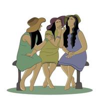 platt design av tre flickor bär hattar Sammanträde på en bänk och talande till varje Övrig vektor