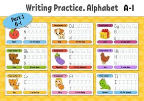skriva brev. ställa in spårningssida. övningsark. kalkylblad för barn. lära sig alfabetet. söta karaktärer. vektor illustration. tecknad stil.