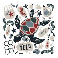 Vektor flache Hand gezeichnete Schildkröte umgeben von Meeresmüll und Abfall.