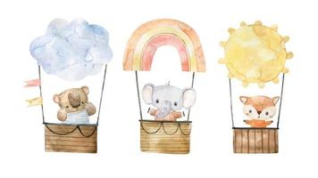 söt barnslig illustration med djur på varm luft ballong, transport. äventyr affisch vektor